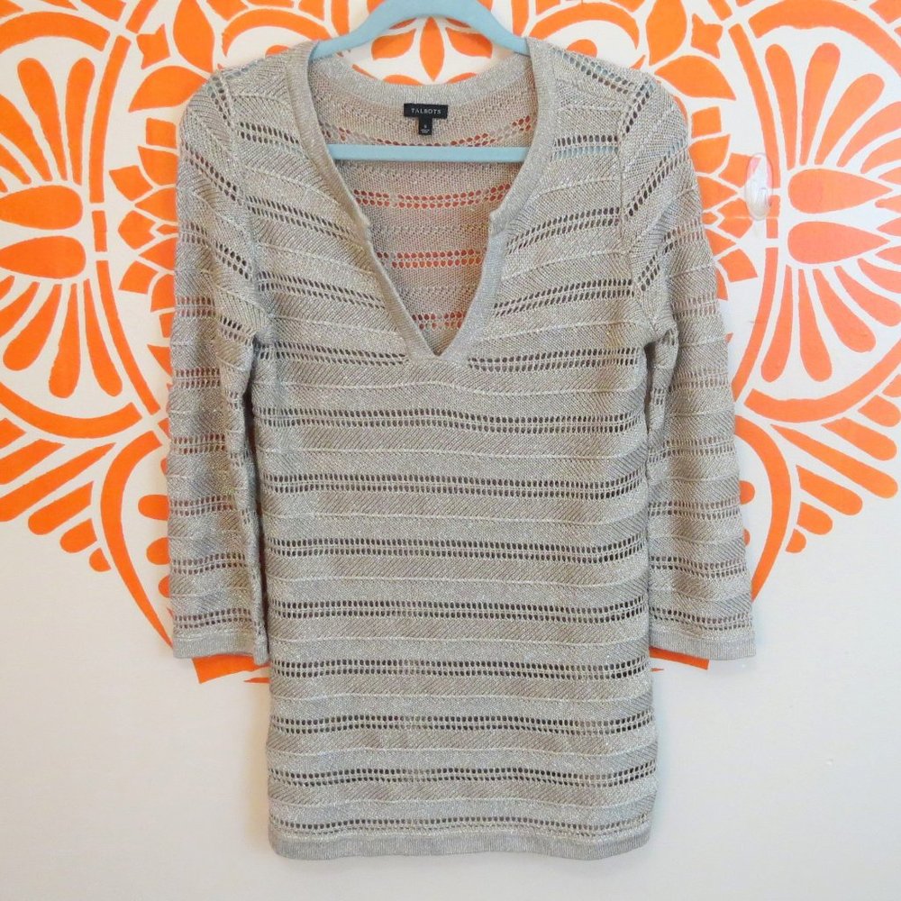 Talbots Woven Beige & Gold V-Neck Sweater S